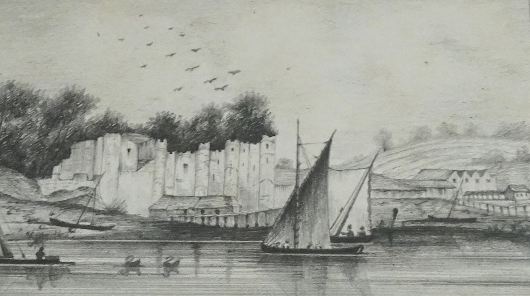 C.J.S. 1841, two pencil vignettes of Upnore Castle and Porto Ferrago, initialled, one dated, 6 x 9 cm and 4.5 x 5.5cm